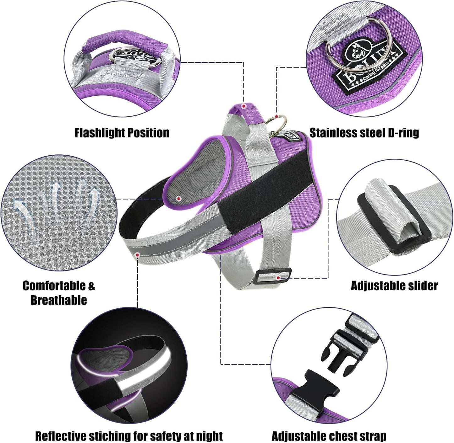 Bolux Dog Harness, No-Pull Reflective Dog Vest, Breathable Adjustable Pet Harness with Handle for Outdoor Walking - No More Pulling, Tugging or Choking (Lavender, Small (Pack of 1))