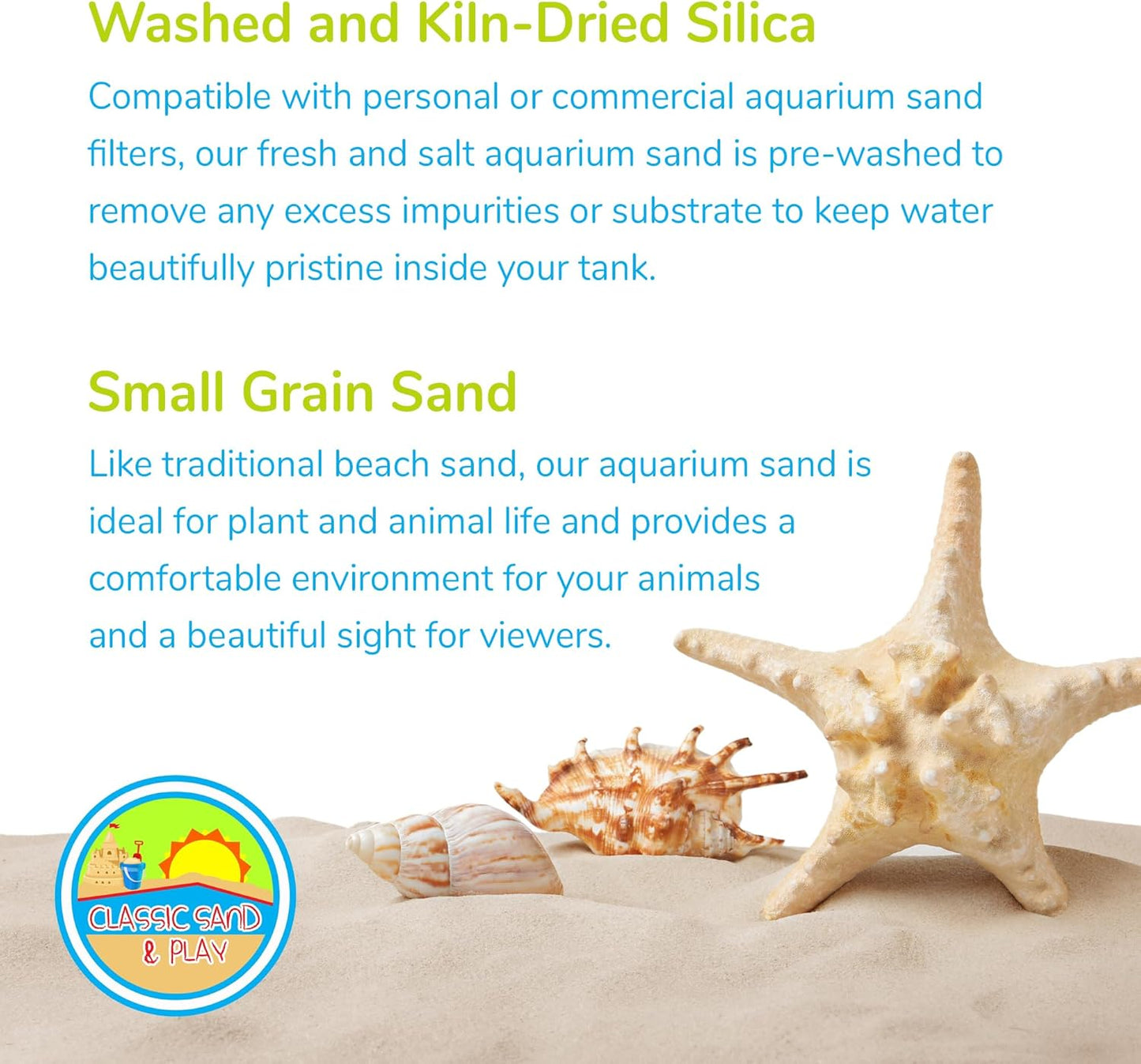 CLASSIC SAND & PLAY Natural Aquarium Sand for Freshwater and Saltwater Tanks, 40 lb. Bag, Improves Filter Life and Filtration Process, Pre-Washed Fine Sand, Green
