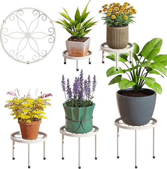 Plant Stand Indoor Outdoor 5 Pack Heavy Duty Metal Stand Multiple Plants, Anti-Rust Iron Flower Pot Stand Decoration Racks Plant Pot Shelf for Living Room Garden Balcony (White)