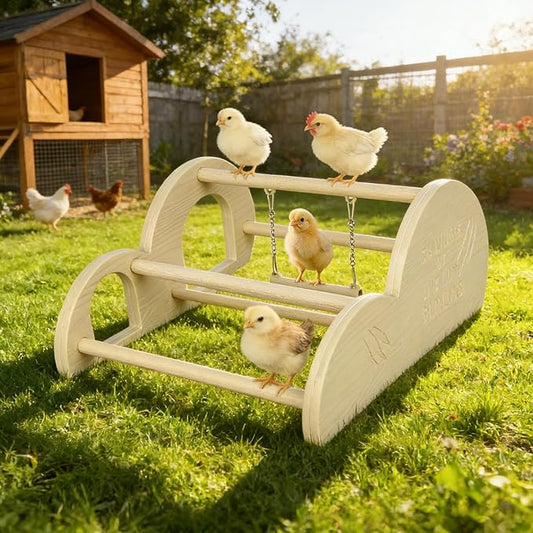 Chicken Perch with Swing & Mirror, Waterproof PVC Roosting Stand for Hens Activity Gym for Chicks & Bantams, Durable Easy-Clean Coop