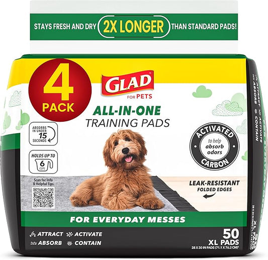 Glad for Pets JUMBO-SIZE/XL Charcoal Puppy Pads, All-in-One | Black Training Pads That ABSORB & Neutralize Urine Instantly | New & Improved Quality, 50 Count - 4 Pack