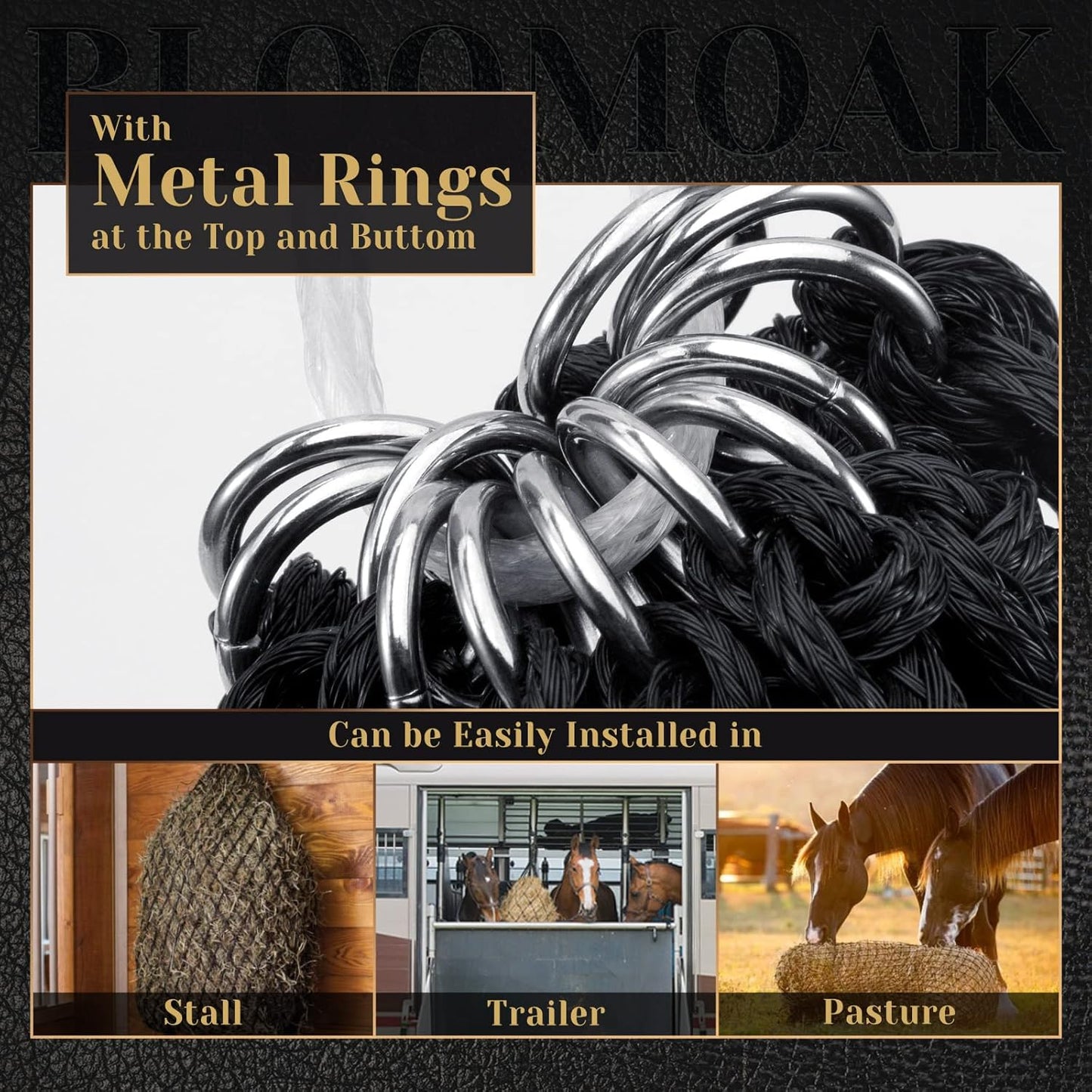 Bloomoak Slow Hay Net Feeder for Horses, Durable Soft Black PE 2/3 String Hay Bales Bags, Fit 36x18x18 to 47x25x17 Inches, Extends 50-64 Inches (2 1.6" Hole/2PC)