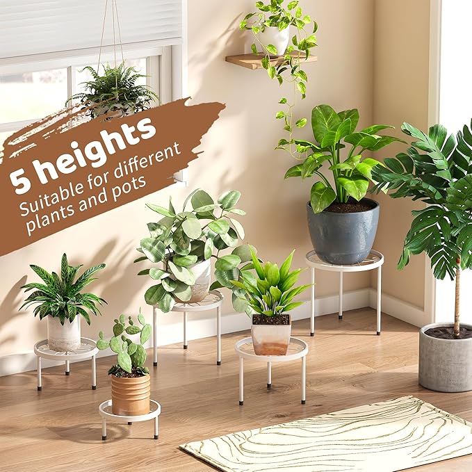 Plant Stand Indoor Outdoor 5 Pack Heavy Duty Metal Stand Multiple Plants, Anti-Rust Iron Flower Pot Stand Decoration Racks Plant Pot Shelf for Living Room Garden Balcony (White)