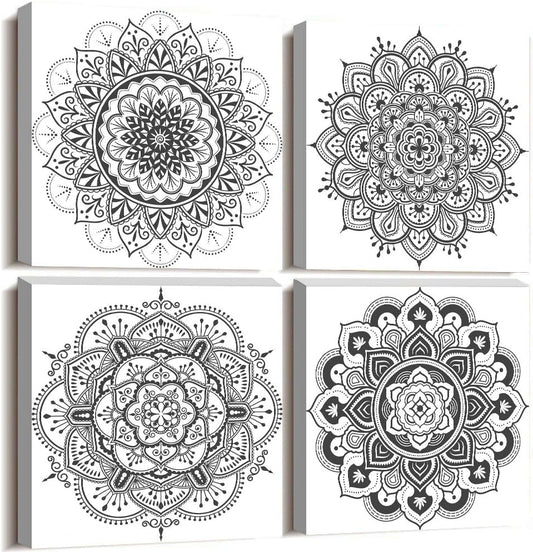 Black and white art Decorative pattern Canvas Wall Art for Living Room Bedroom wall decor Bathroom decorations,4 piece Modern Home decoration inspirational wall paintings Posters Pictures artwork