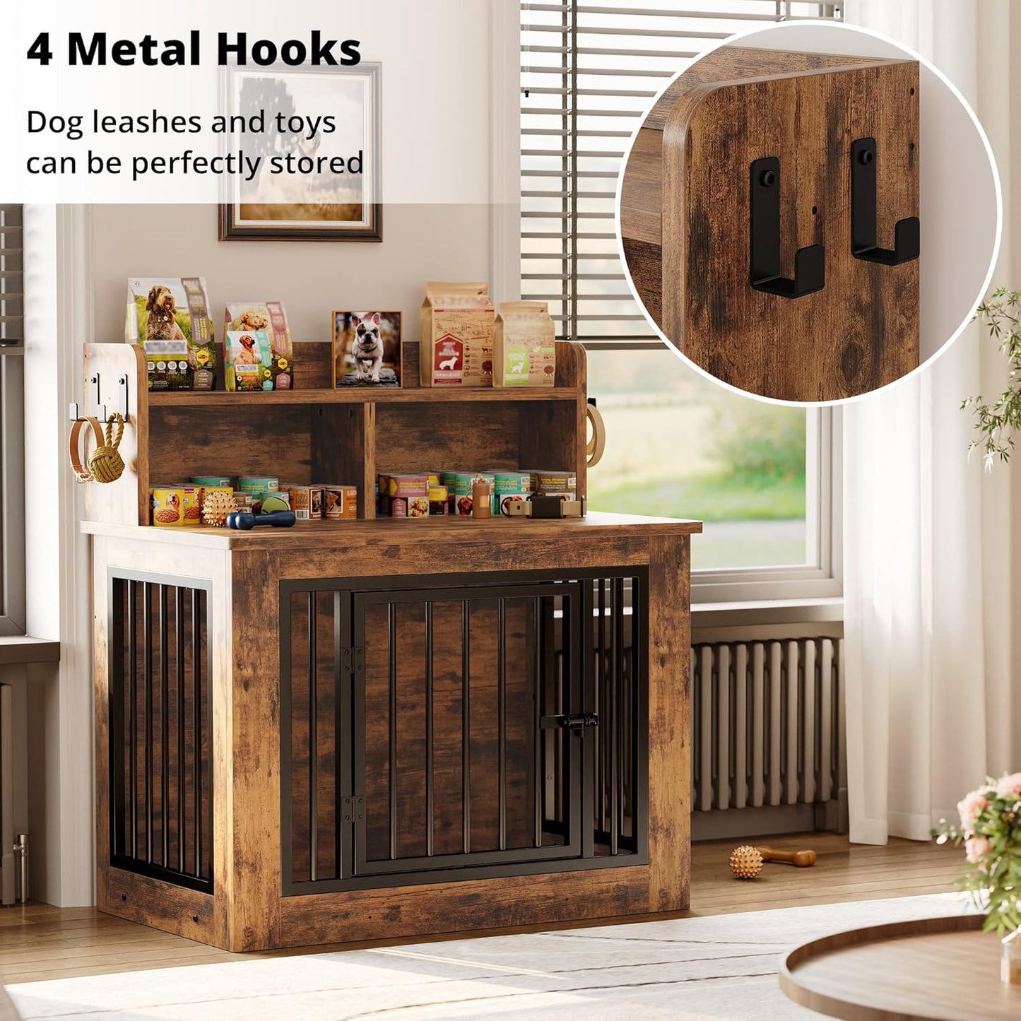 IRONCK Dog Crate Furniture, 33.4 inches Wooden Small Dog Crate with Storage and 4 Hooks, Heavy Duty Pet Crate for Small Dog, Decorative Pet Cage for Indoor (22" L x 33.4" W x 37.4" H)