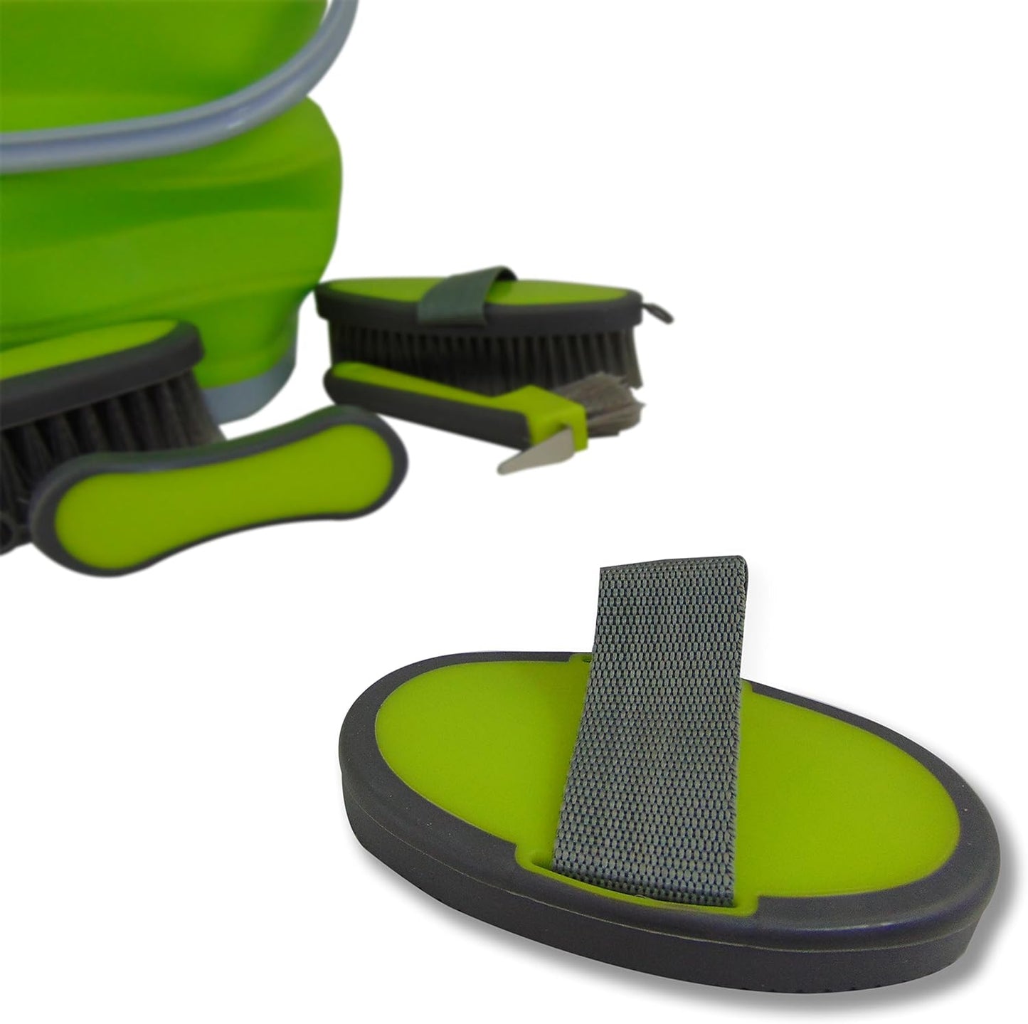 Collapsible Grooming Kit 10 Liter Bucket and 5 Grooming Tools - By Southwestern Equine (Lime Green)
