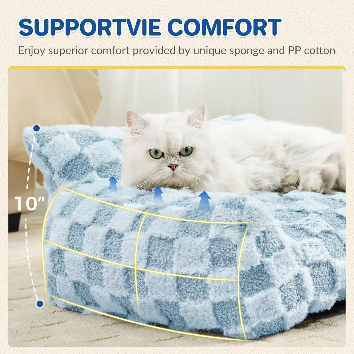 Cat Bed Cats Couch for Puppy and Kitten, Fluffy Pet Couch Small Dog Sofa Bed, Supportive Cat Sofa for Indoor Cats, Washable Cover & Non-Slip, 26 inch, Blue
