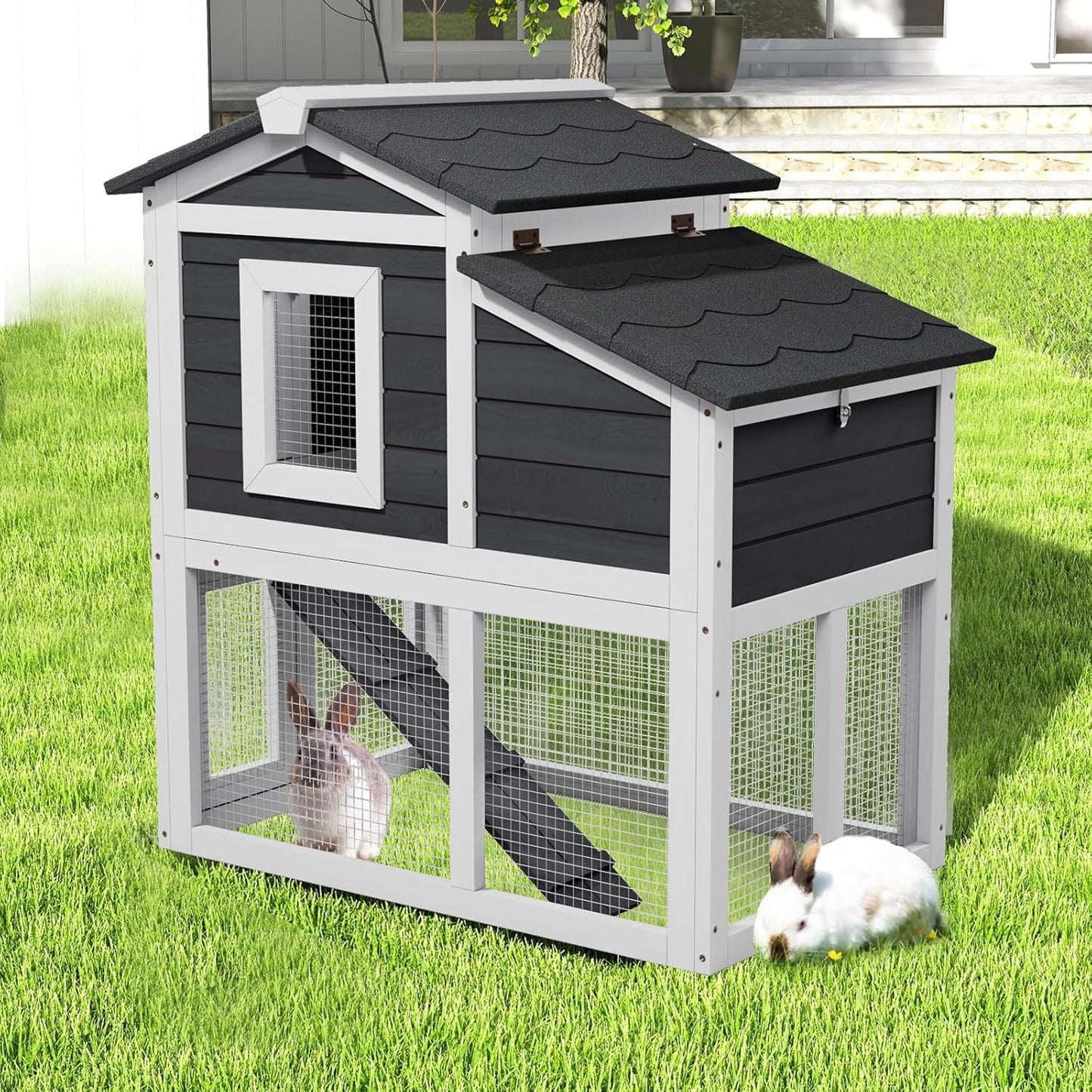 2 Story Rabbit Cage, Weatherproof Rabbit Hutch Indoor & Outdoor, Wooden Guinea Pig Cages with Removable Tray Openable Roof for Small to Medium Animals