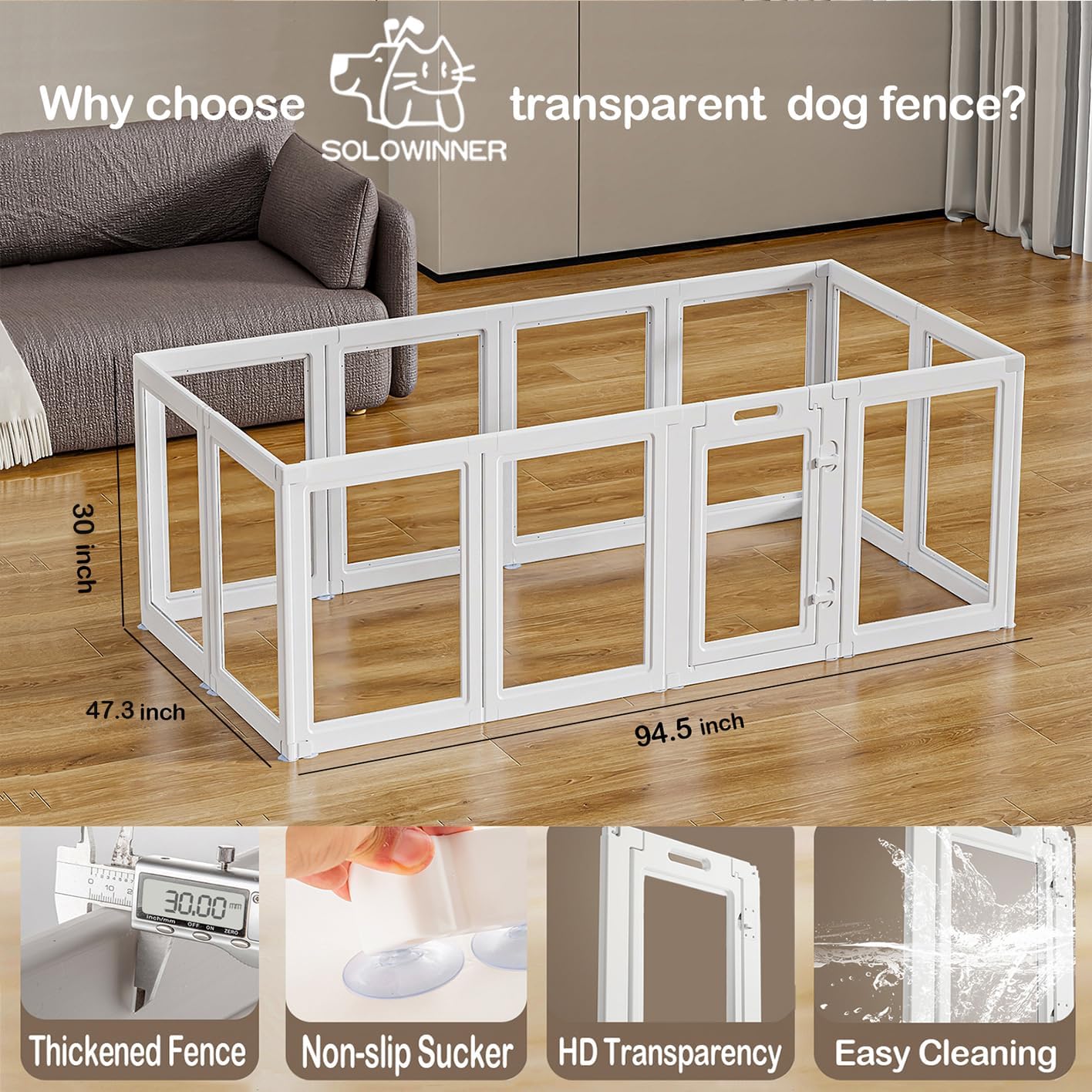 Clear Acrylic Dog Playpen Transparent Dog Playpen Indoor, Easy Assemble Clear Pet Pen for Puppy Bunny Cat Pig, Sturdy & Easy Cleaning Plastic Dog Puppy Fence (30" H, 12PCS)