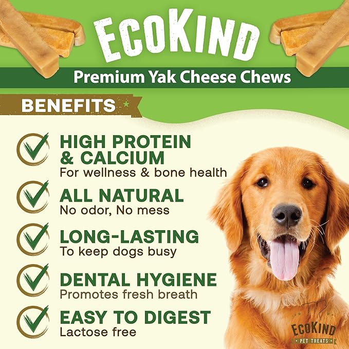 EcoKind Premium Gold Yak Cheese Himalayan Dog Chews, Dog Treats Large Breed, All Natural, High Protein, for Aggressive Chewers, Large - 8+ Chews (2 lb)
