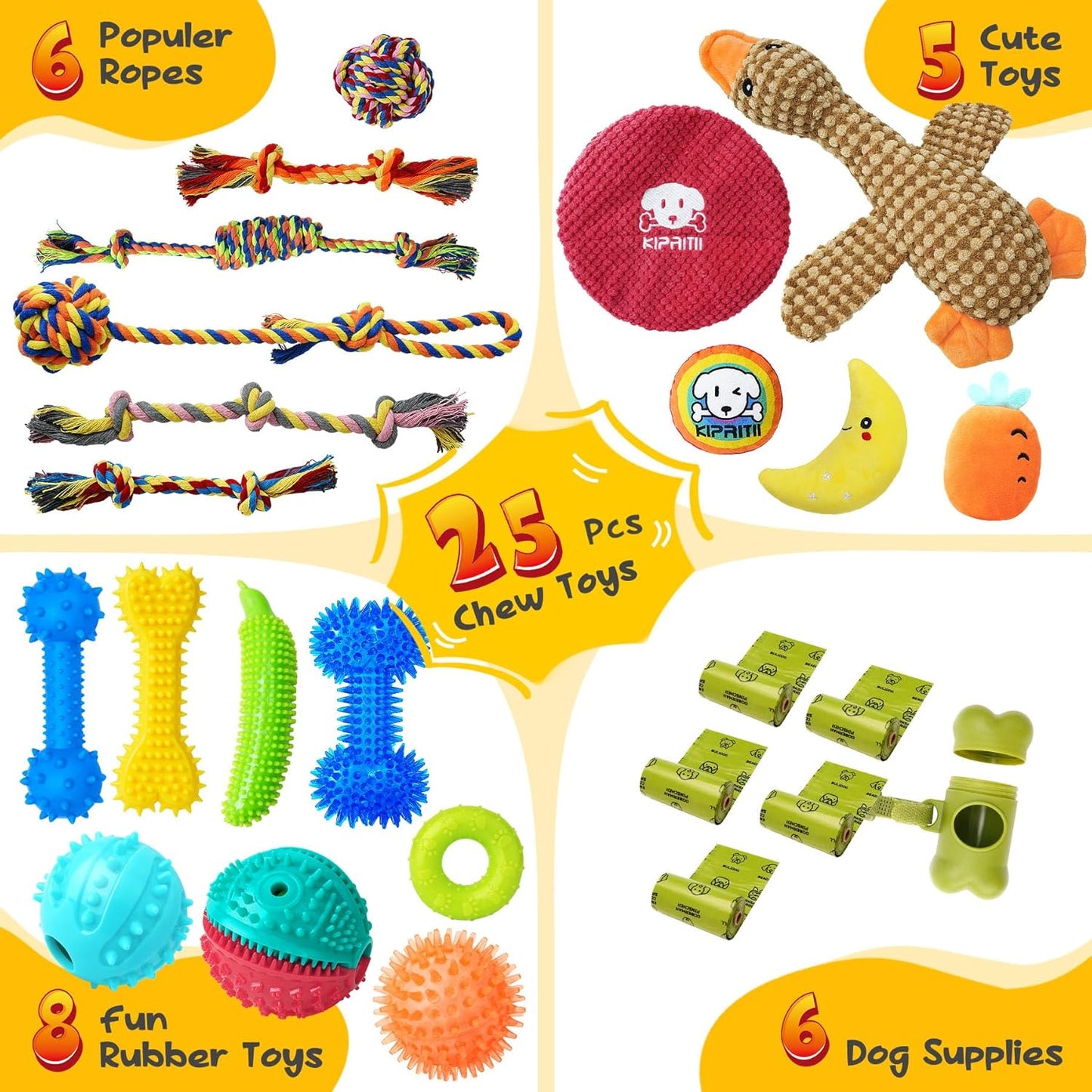 KIPRITII Puppy Teething Chew Toys -25 Pack Dog Chew Toys with Rope Toys, Dog Treat Balls & Squeaky Toy for Puppy and Small Dogs