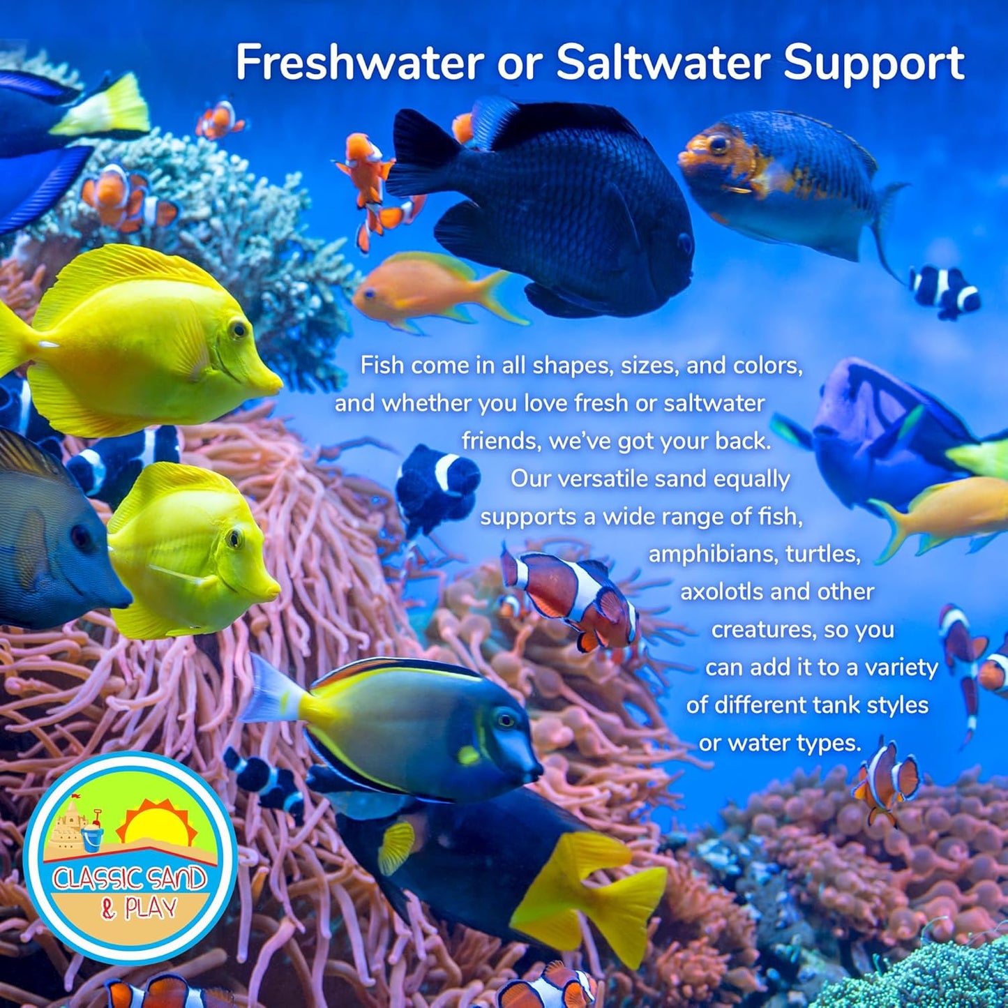 CLASSIC SAND & PLAY Natural Aquarium Sand for Freshwater and Saltwater Tanks, 40 lb. Bag, Improves Filter Life and Filtration Process, Pre-Washed Fine Sand, Natural