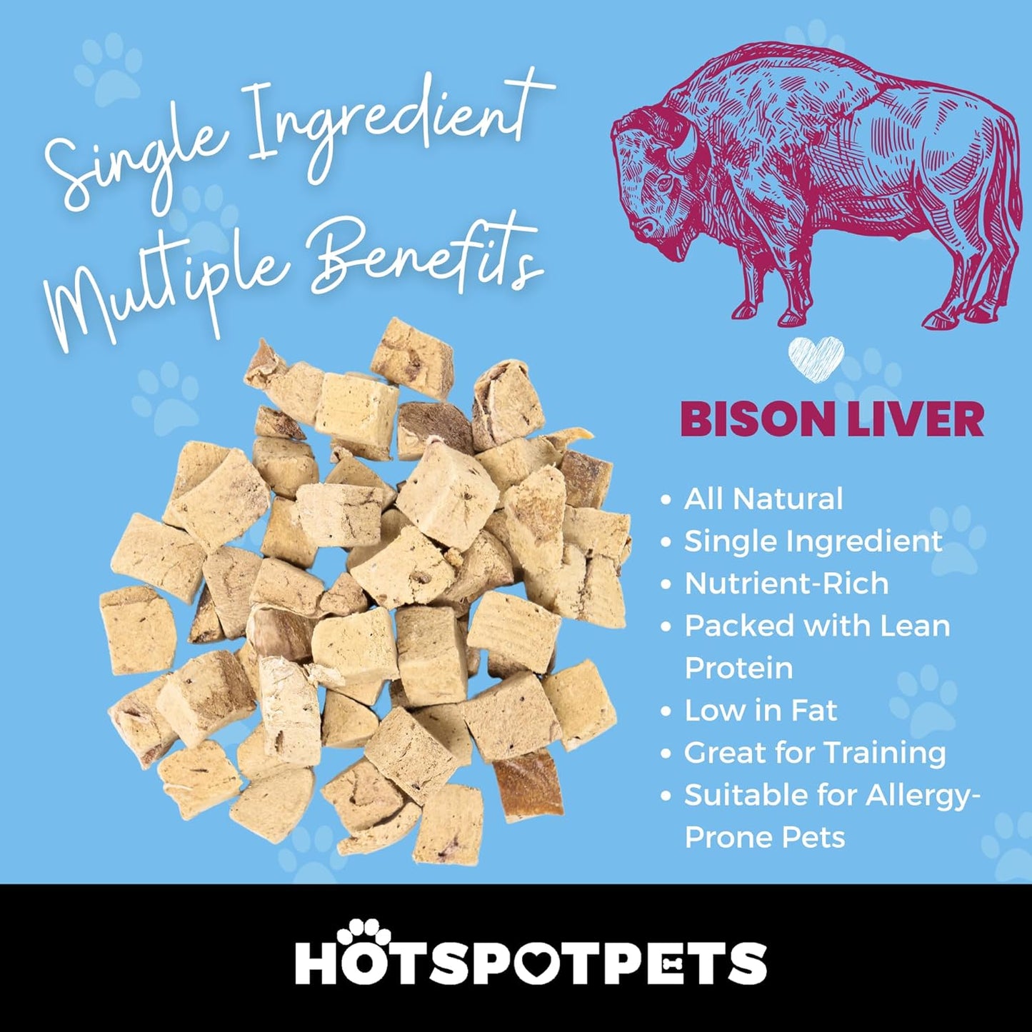 hotspot pets Freeze Dried Bison Liver Treats for Cats & Dogs - 1 Pound Big Bag,Made in USA, Single Ingredient All Natural, Grain-Free Bison Liver - Perfect for Training, Topper or Snack