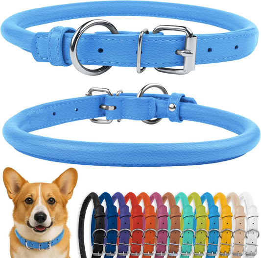 CollarDirect Rolled Leather Dog Collar, Soft Padded Round Puppy Collar, Handmade Genuine Leather Collar Dog Small Large Cat Collars 13 Colors (11-14 Inch, Light Blue Textured)
