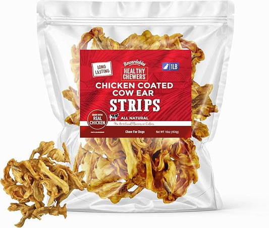 Chicken Coated Cow Ear Strips - Treats for Dogs - 1 Pound Bag