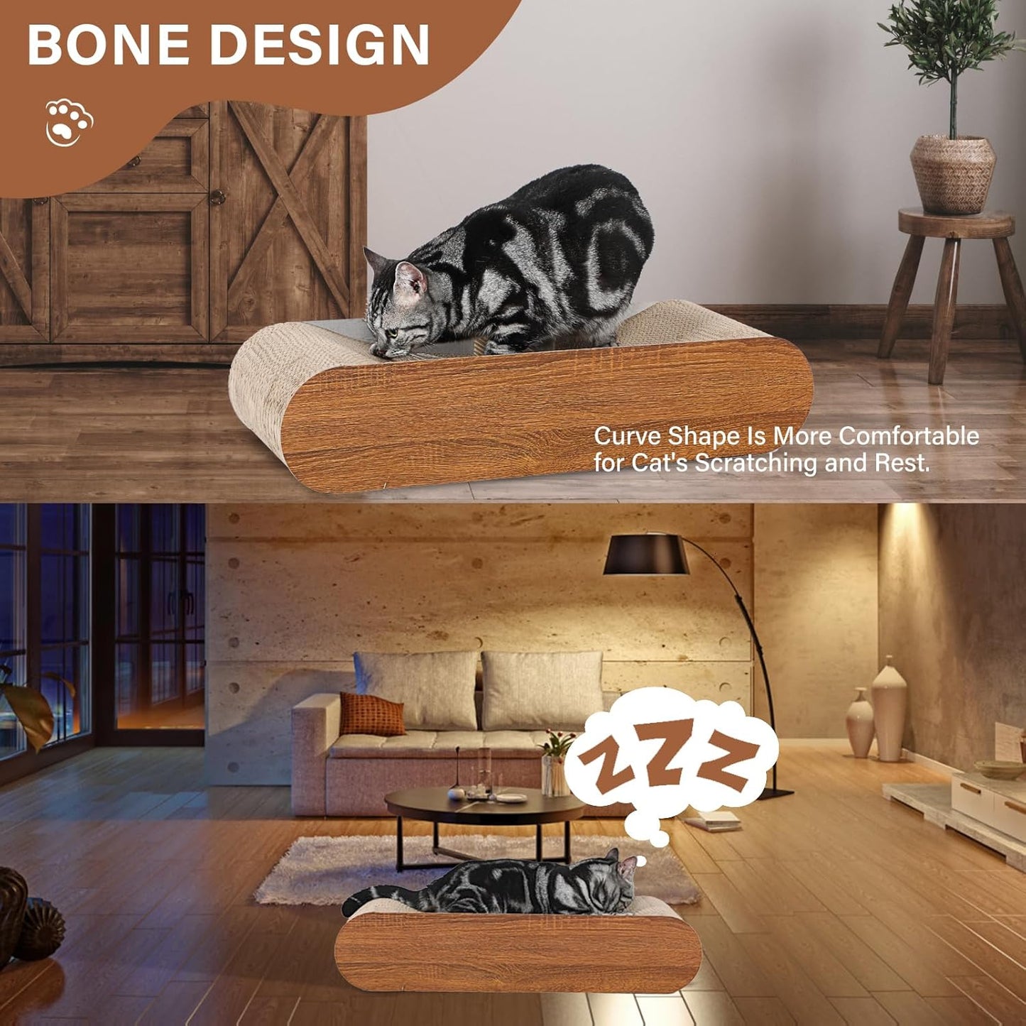 Cat Scratcher, Cardboard Lounge Bed, Bone Shape Design, Recyclable Corrugated Scratching Pad, Stable and Durable, Furniture Protector, Reversible, Brown