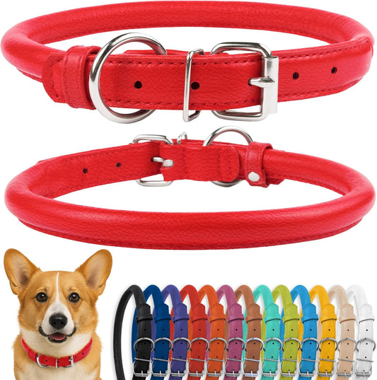 CollarDirect Rolled Leather Dog Collar, Soft Padded Round Puppy Collar, Handmade Genuine Leather Collar Dog Small Large Cat Collars 13 Colors (13-16 Inch, Red Textured)