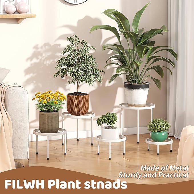 Plant Stand Indoor Outdoor 5 Pack Heavy Duty Metal Stand Multiple Plants, Anti-Rust Iron Flower Pot Stand Decoration Racks Plant Pot Shelf for Living Room Garden Balcony (White)