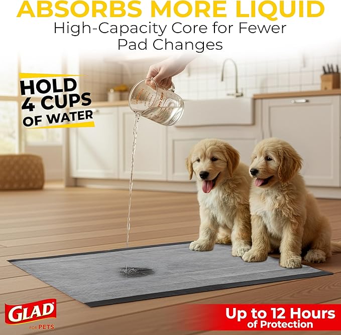 Glad for Pets JUMBO-SIZE Charcoal Puppy Pads, All-in-One | Black Training Pads That ABSORB & Neutralize Urine Instantly | New & Improved Quality Puppy Pee Pads, 30 Count - 6 Pack
