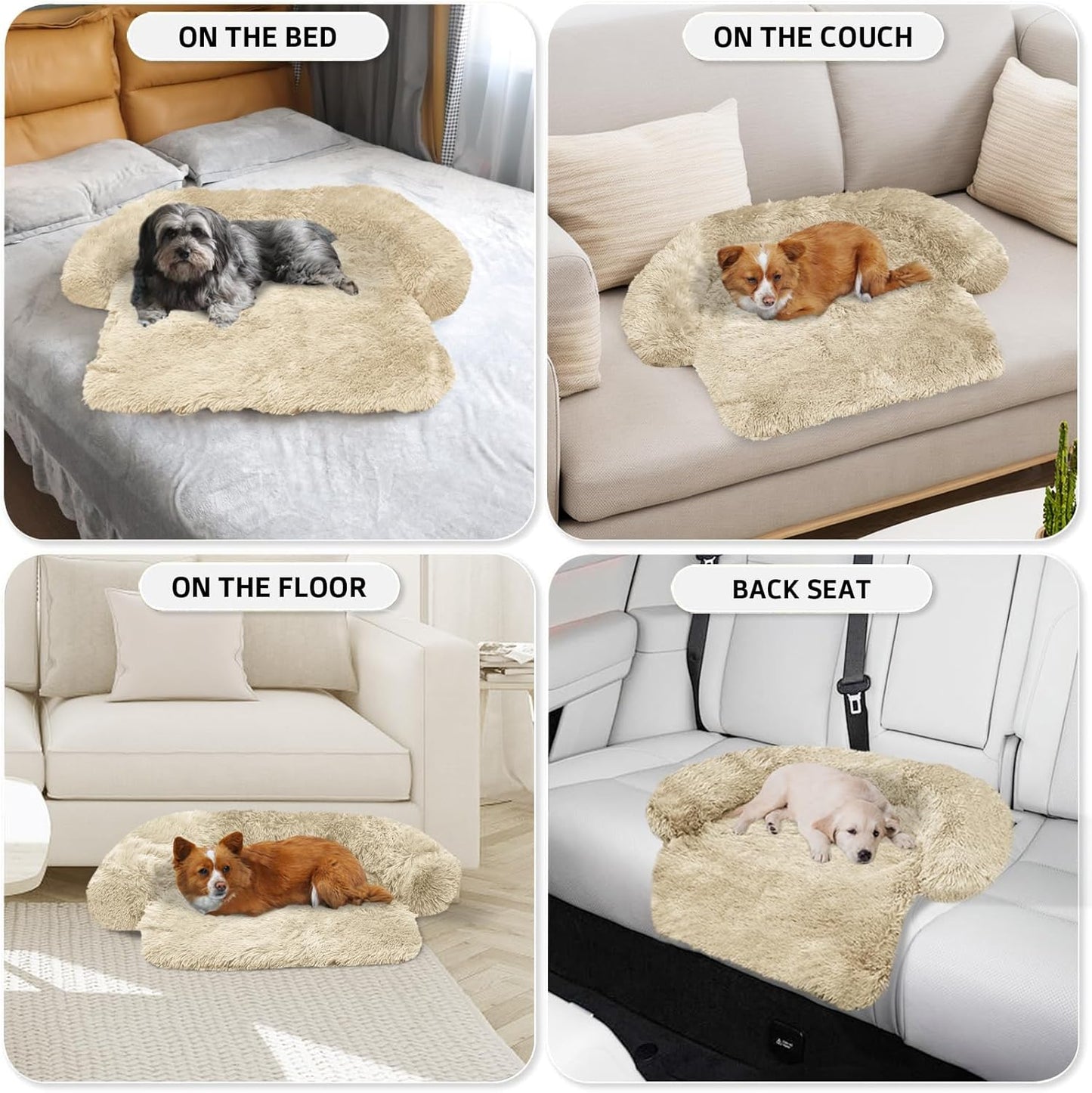 Calming Dog Bed Fluffy Plush Dog Mat for Furniture Protector with Removable Washable Cover for Large Medium Small Dogs and Cats (XS (31"x23.5"x5"), Beige)