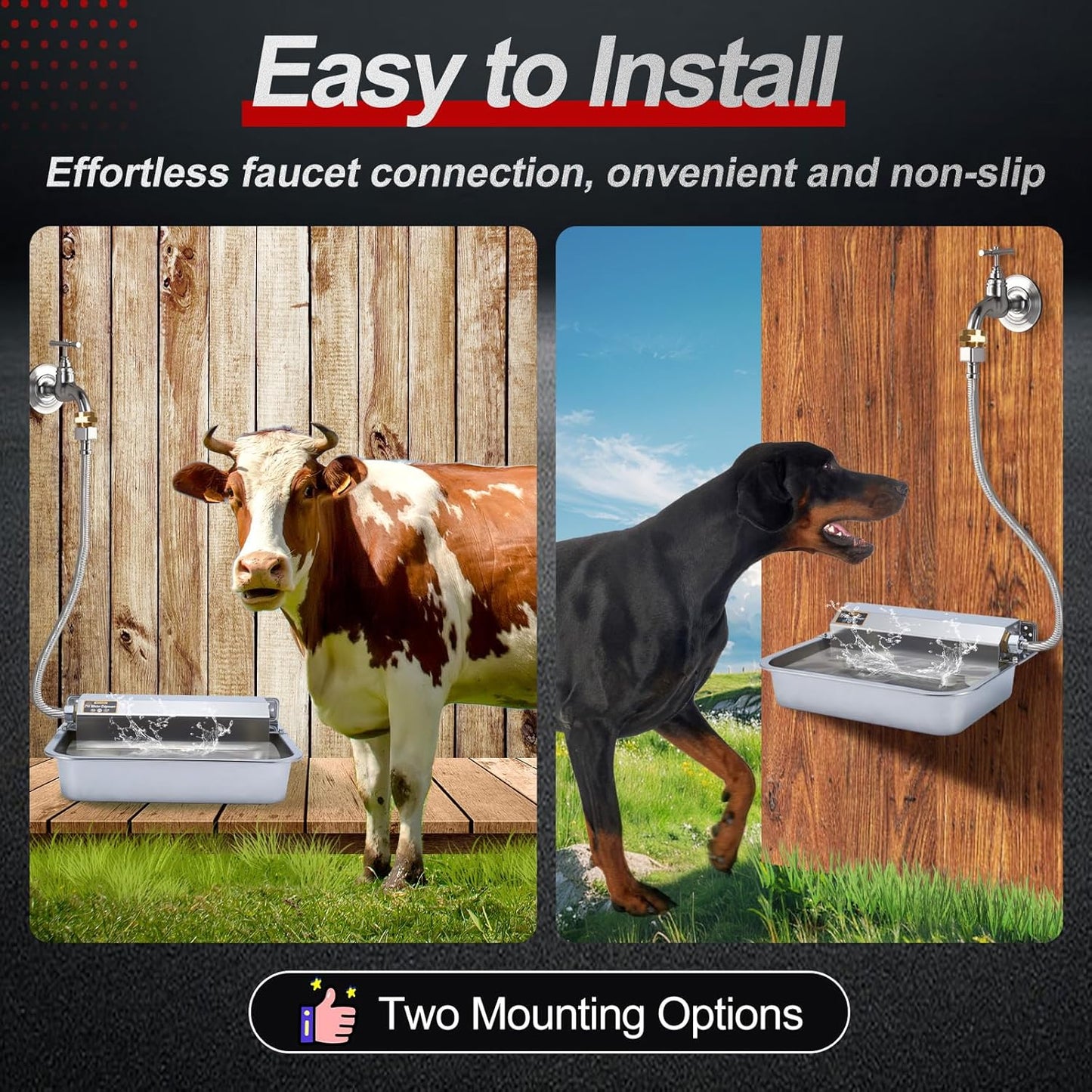 1Gal/3.8L Automatic Water Dispenser for Dogs, Patented Automatic Dog Waterer Bowl for Outdoor, Stainless Steel Water Bowl Dispenser for Livestock Chicken, Dog Feeder Fit 3/4'' GHT Faucet