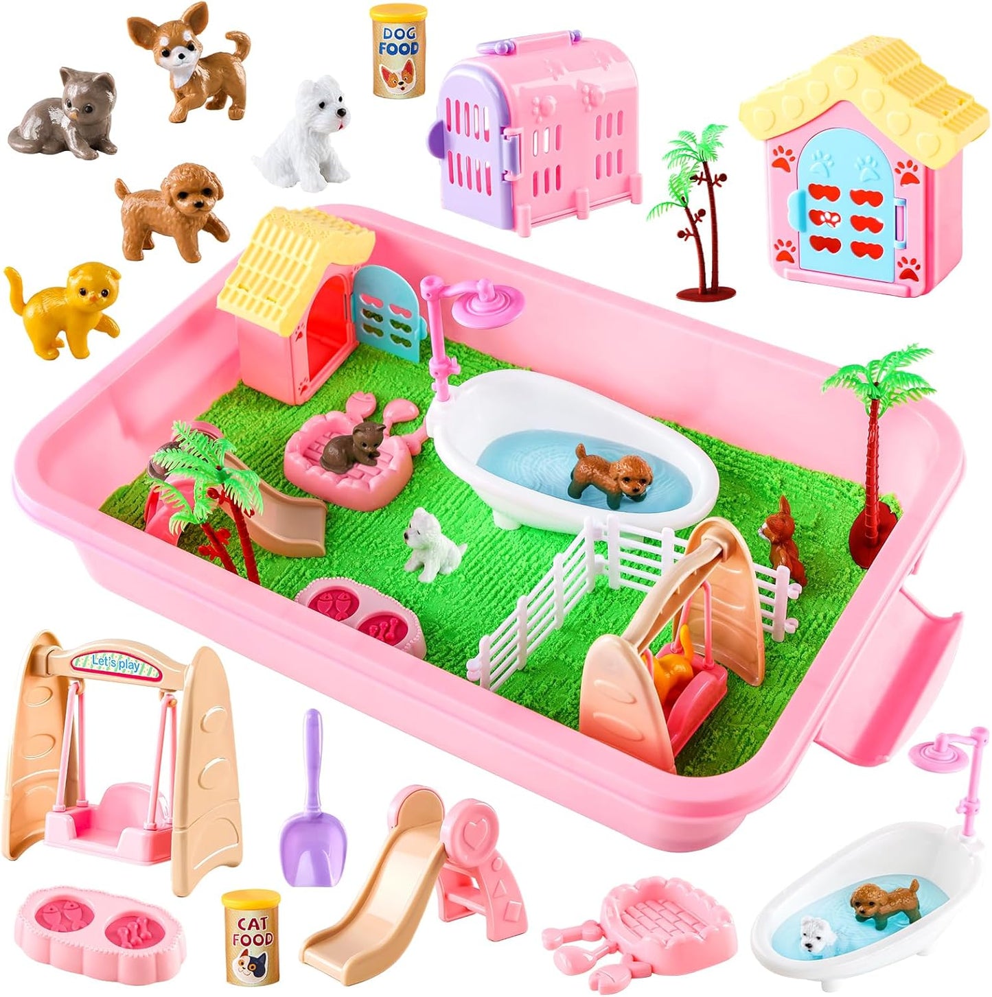 21 PCS Pet Sensory Bin, Dog & Cat Sandbox with Sand & Box, Play Sand Art Toys Kit, Pet Care Play Set, Beach Toys for Kids Ages 4-8, Birthday Gift Girls Boys 3 4 5 6 7 Years Old