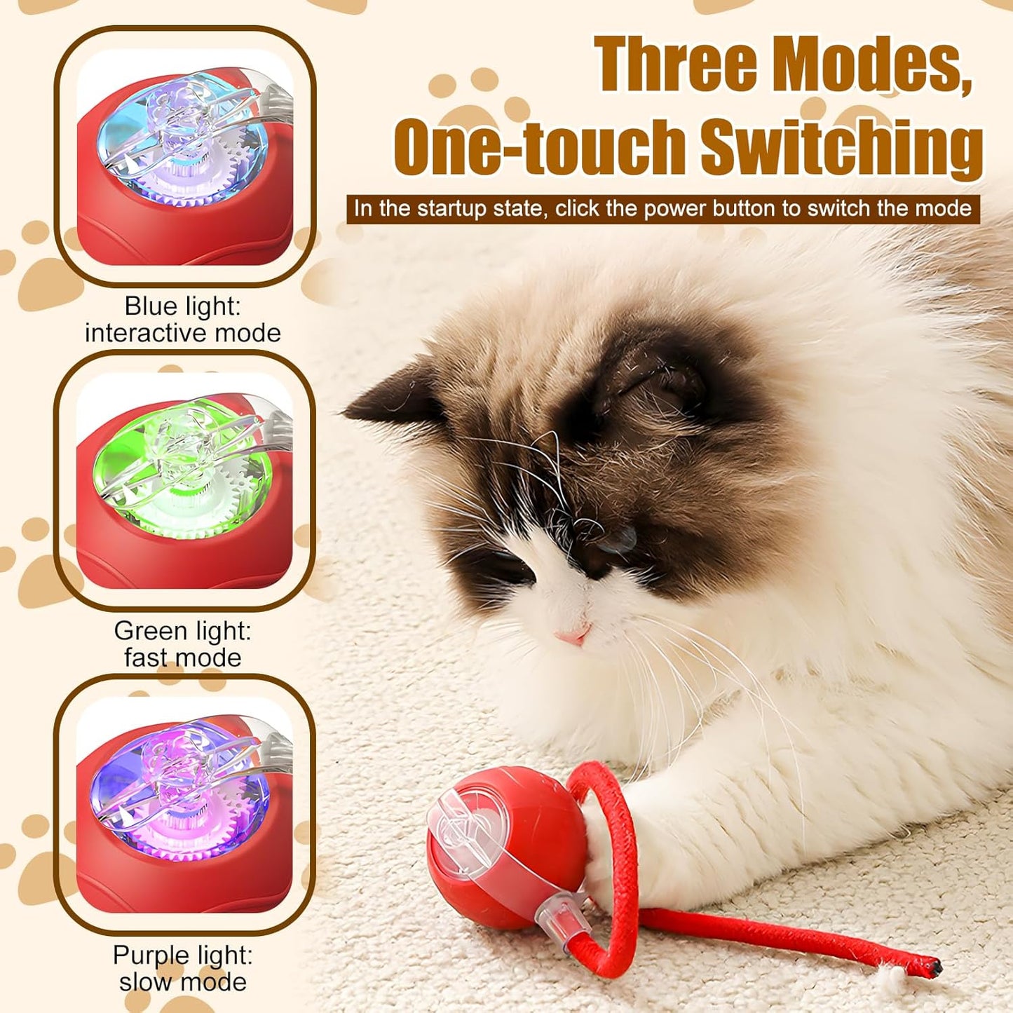 Interactive Cat Toys for Indoor Cats, 2025 New Interactive Cat Toys, Intelligent Automatic Rolling Pet Ball, Automatic Obstacle Avoidance Cat Toy Ball with Rope, Three Modes Adjustment (red)