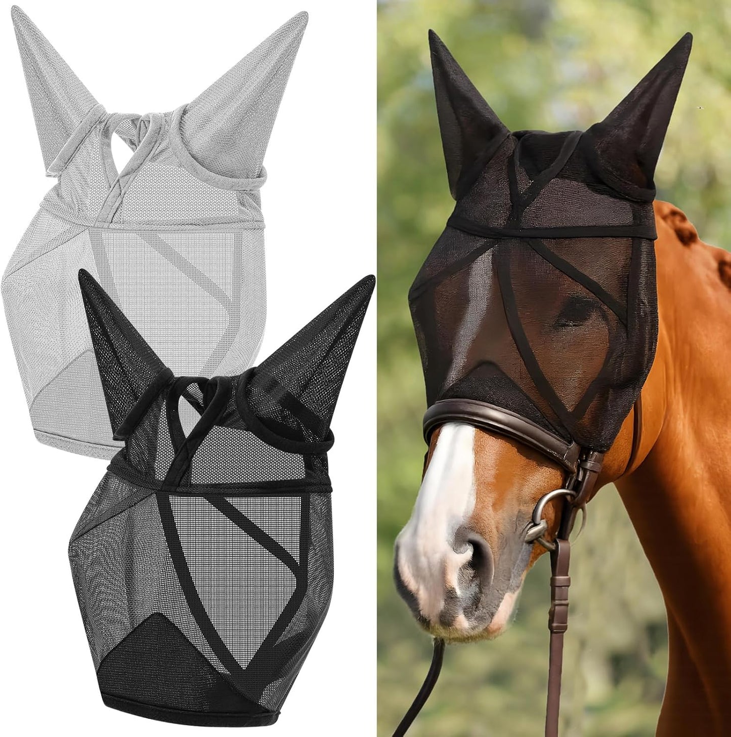 2 Pcs Horse Fly Mask with Ears Adjustable UV Protection Horse Fly Mask Accessories Large Eye Space with Ears for Horses Summer, Black and Gray, L