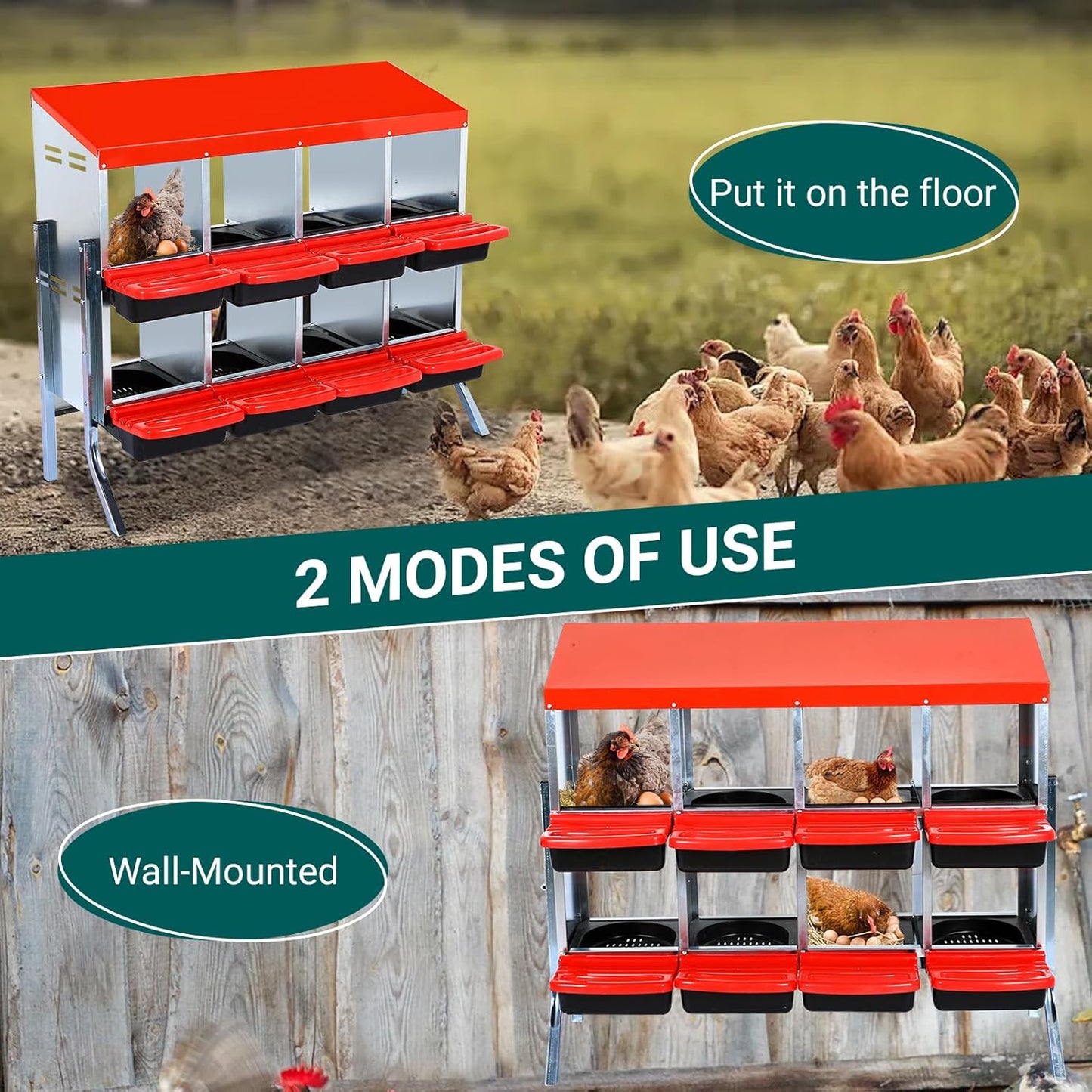Chicken Nesting Box, 8 Hole 2 Layer Hen Nest Boxes with Legs, Roll Away Eggs Laying Boxes,Cleanable Pull Out Hen Roosting Boxes
