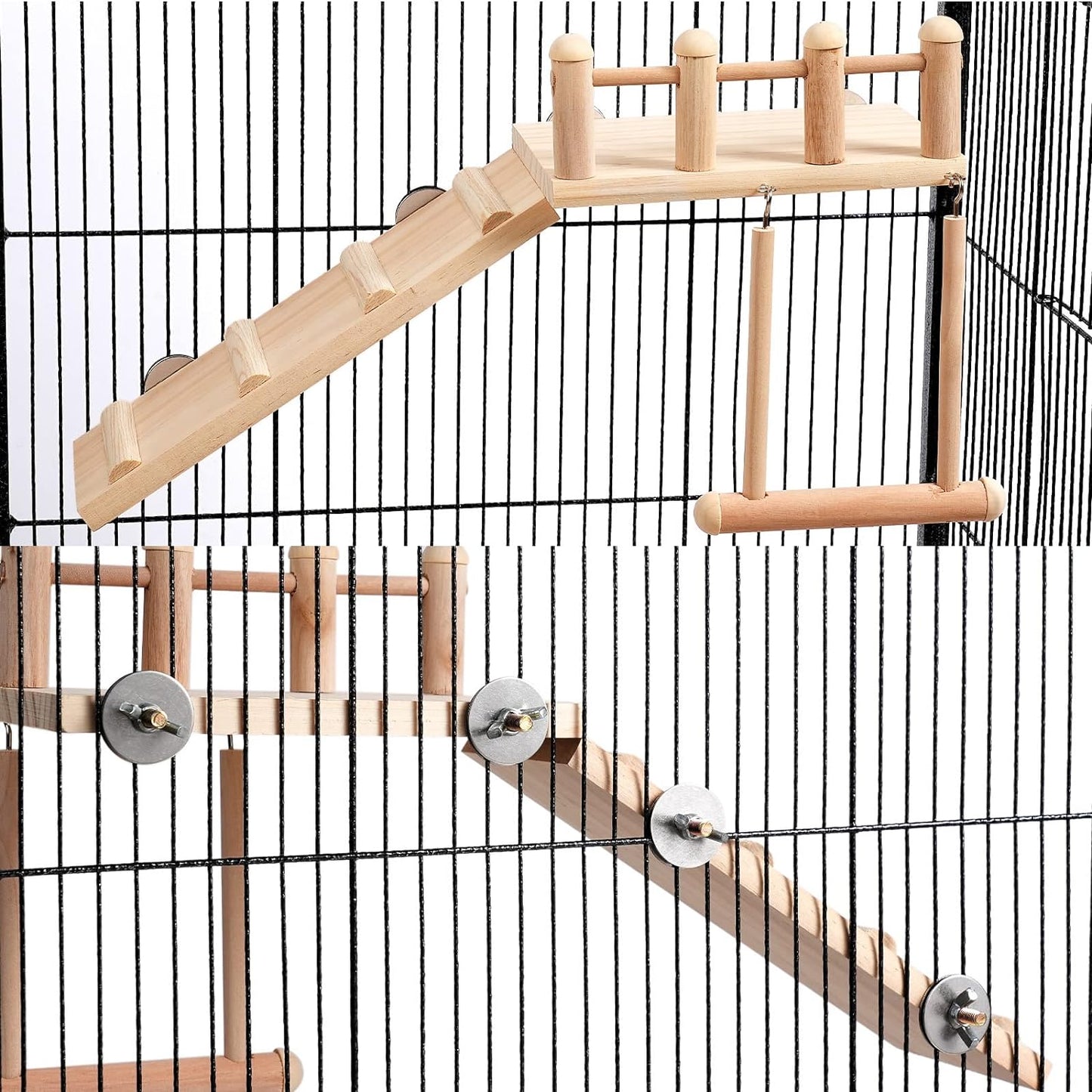 Bird Perches Platform Swing with Climbing Ladder, Parakeet Cage Accessories Wooden Playing Gyms Exercise Sturdy for Small Birds