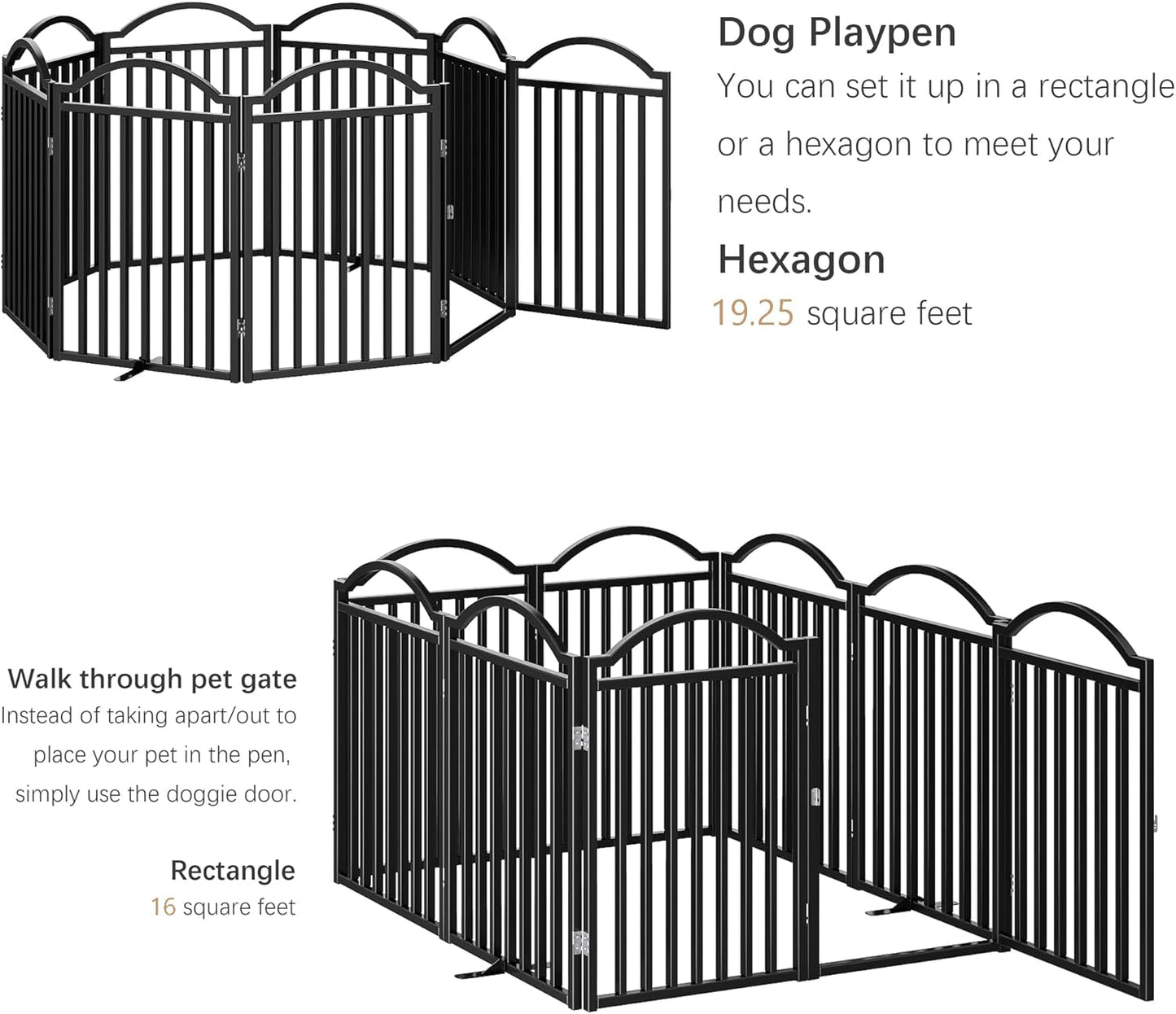 BHG Metal No-Assembly Freestanding Dog Gate with Door Walk Through, Extra Wide 96", Extra Tall 32" Pet Gate, Accordion Puppy Folding Playpen Dog Fence, with 2PCS Support (Black, 8 Panels)