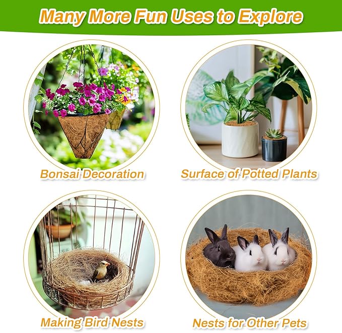 MAQIHAN Natural Coconut Husk Fiber - Organic Coconut Husk Silk for Plants,Bird Nesting Material,Organic Coco Coir for Plants,Perfect for Greenery Covering,Home Decoration,Gardening,Outdoor Use