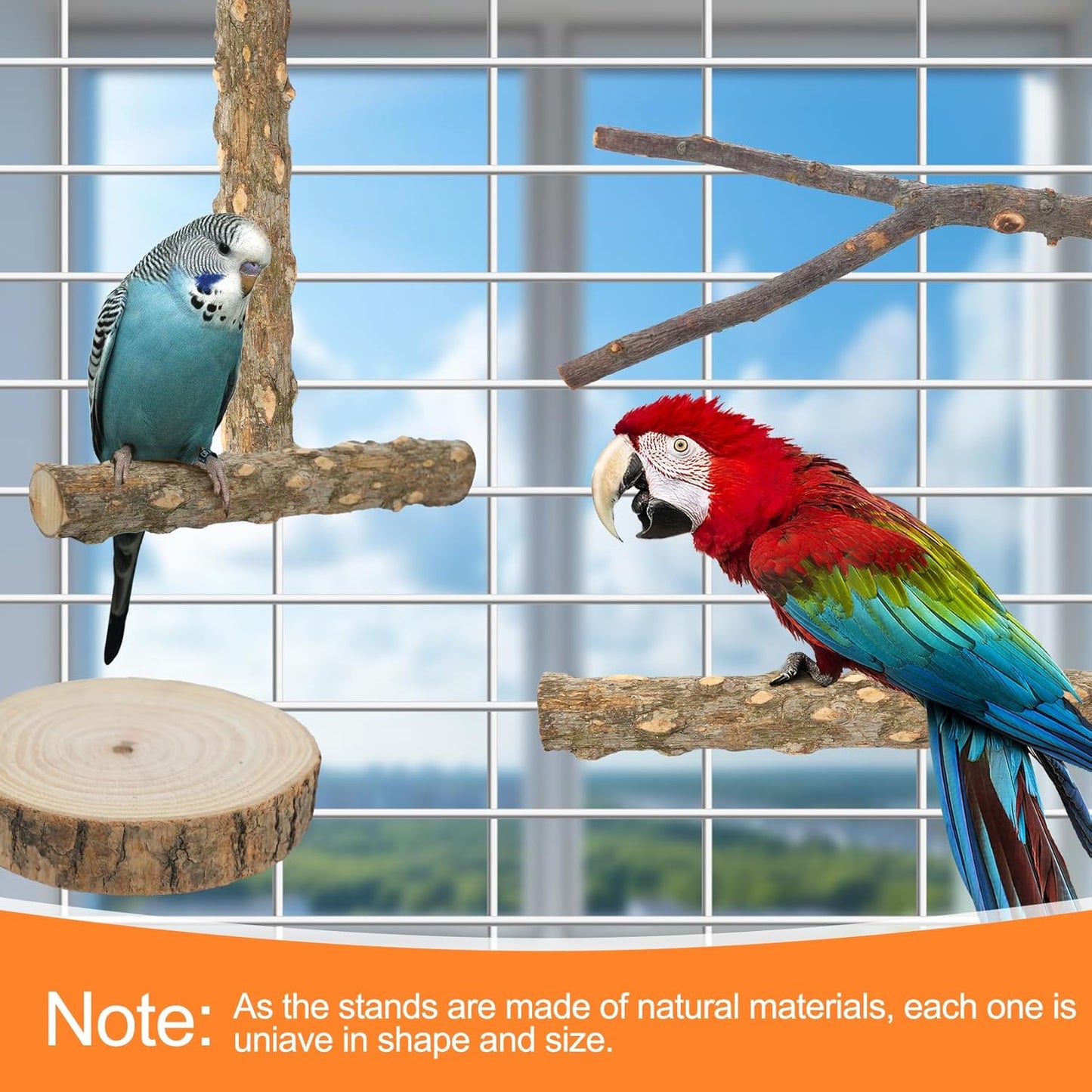Bird Perch Stand, Pole Standing Natural Wood Bird Perch Set 7PCS Paw Grinding Fork Parrot Cage Branch with Rope Cage Accessories Toys for Parakeets, Cockatiels, Conure, Budgies