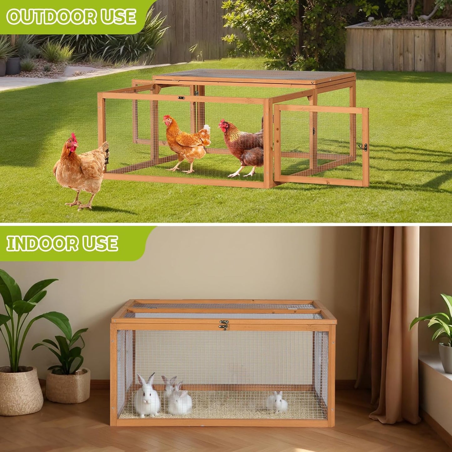 Chicken Coop/Rabbit Hutch, Versatile Wooden Small Animal Cage Run, Indoor Outdoor Bunny Cage with 3 Doors Openable, Wire Mesh Walls, 47'', Orange Color (S)
