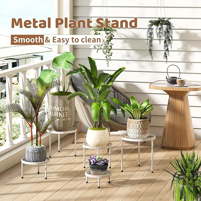 Plant Stand Indoor Outdoor 5 Pack Heavy Duty Metal Stand Multiple Plants, Anti-Rust Iron Flower Pot Stand Decoration Racks Plant Pot Shelf for Living Room Garden Balcony (White)