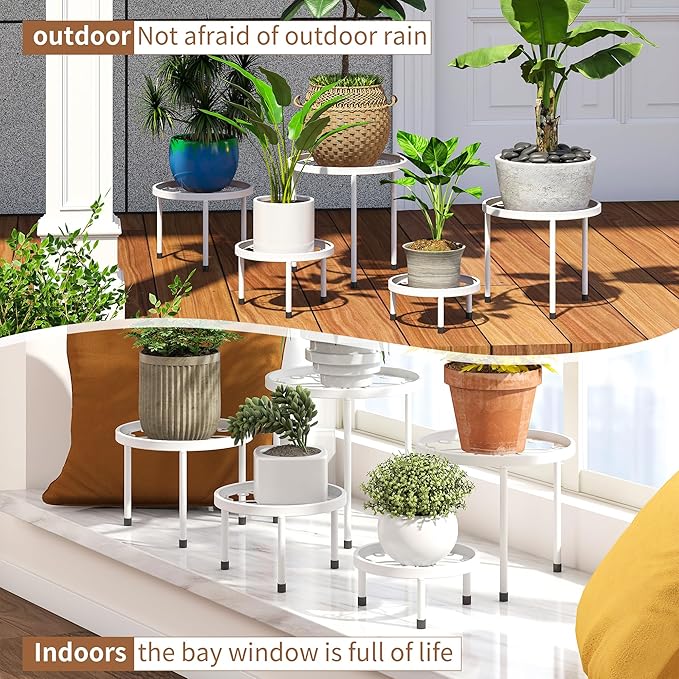 Plant Stand Indoor Outdoor 5 Pack Heavy Duty Metal Stand Multiple Plants, Anti-Rust Iron Flower Pot Stand Decoration Racks Plant Pot Shelf for Living Room Garden Balcony (White)
