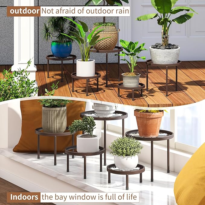 Plant Stand Indoor Outdoor 5 Pack Heavy Duty Metal Stand Multiple Plants, Anti-Rust Iron Flower Pot Stand Decoration Racks Plant Pot Shelf for Living Room Garden Balcony (Brown)