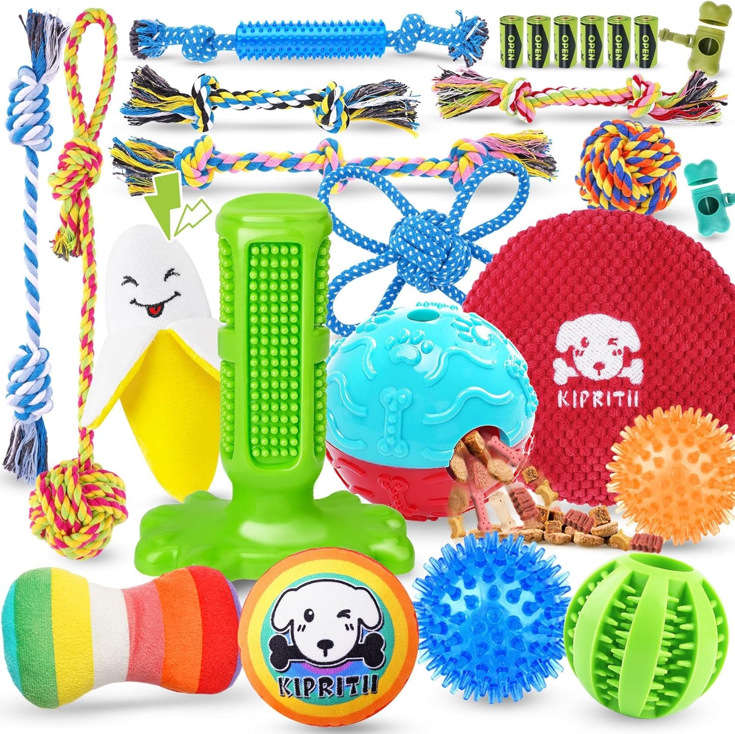KIPRITII 25 Pack Various Puppy Dog Toys for Teething, Entertainment & Interaction, Puppy Chew Toys Pack with Rope Toy, Treat Balls and Dog Squeaky Toys for Puppies & Small Dogs