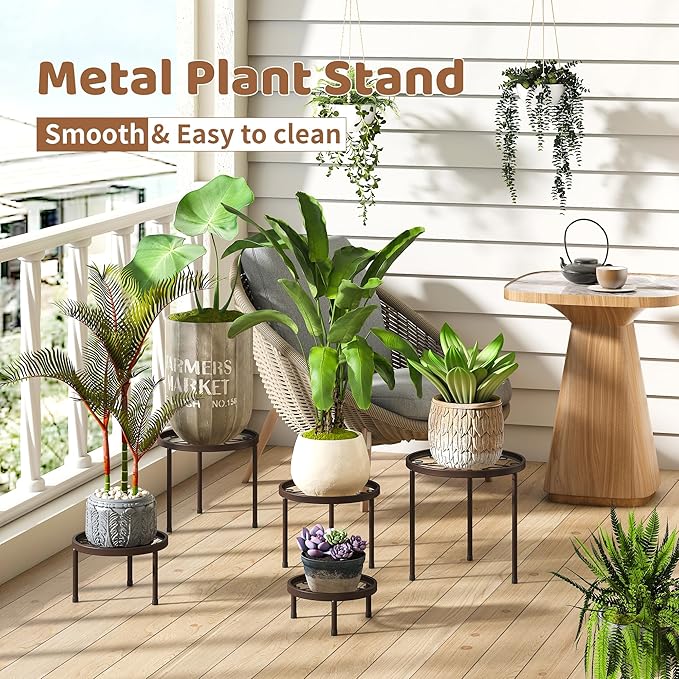 Plant Stand Indoor Outdoor 5 Pack Heavy Duty Metal Stand Multiple Plants, Anti-Rust Iron Flower Pot Stand Decoration Racks Plant Pot Shelf for Living Room Garden Balcony (Brown)