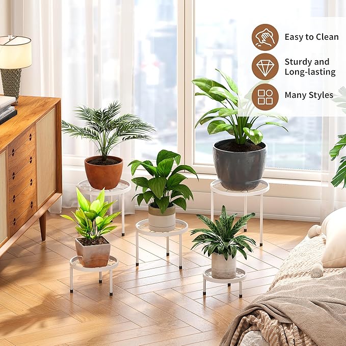 Plant Stand Indoor Outdoor 5 Pack Heavy Duty Metal Stand Multiple Plants, Anti-Rust Iron Flower Pot Stand Decoration Racks Plant Pot Shelf for Living Room Garden Balcony (White)