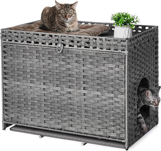 Cat Litter Box Enclosure with Soft Litter Mat; Hidden Kitten Washroom Furniture with Door; Handwoven Rattan Cat House with Large Space; Pet Crate for Living Room, Bedroom, Balcony (Grey)