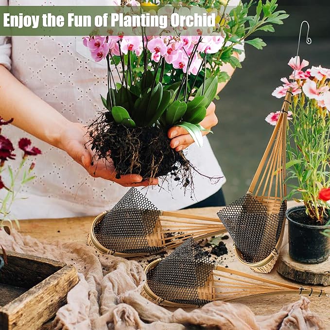Orchid Hanging Planter 5 Inch 6 Pack with Bird Nest Style Plant Hangers, Handmade Thai Bamboo Woven Hanging Orchid Basket for Trellis Gazebo Indoor Outdoor