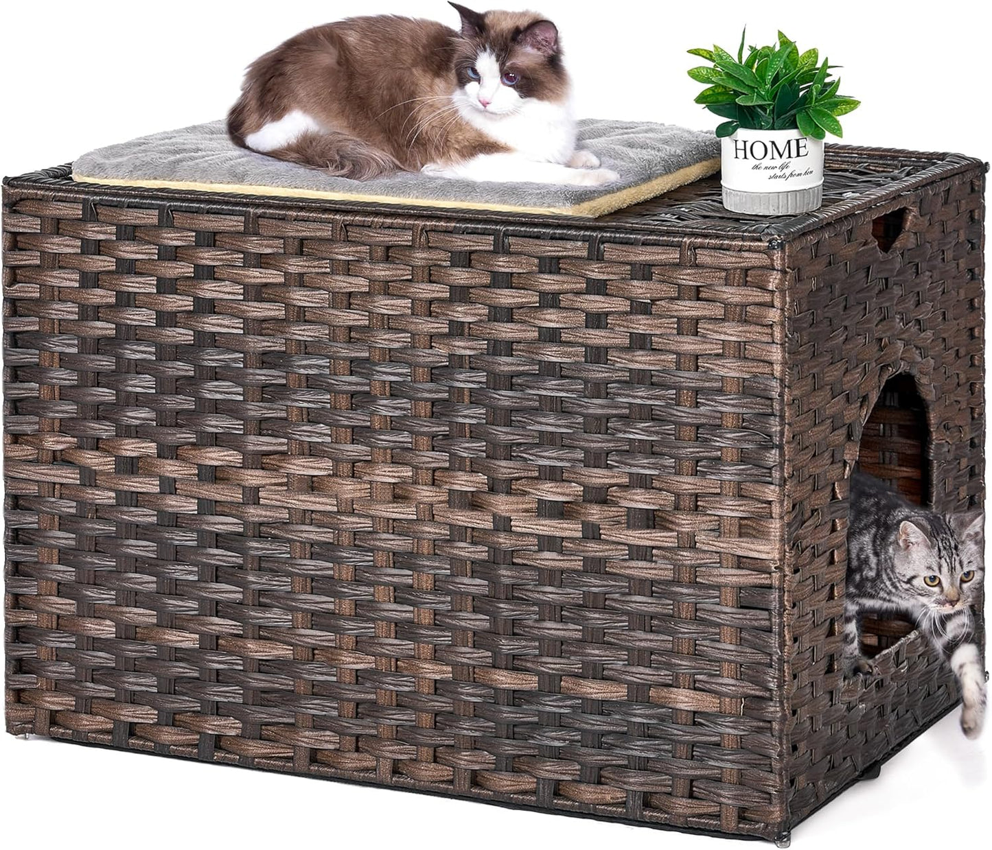 Cat Litter Box Enclosure with Litter Trapping Mat; Handwoven Plastic Rattan Kitten House; No Installation Hidden Cat Washroom; Pet Crate for Balcony,Bedroom,Living Room
