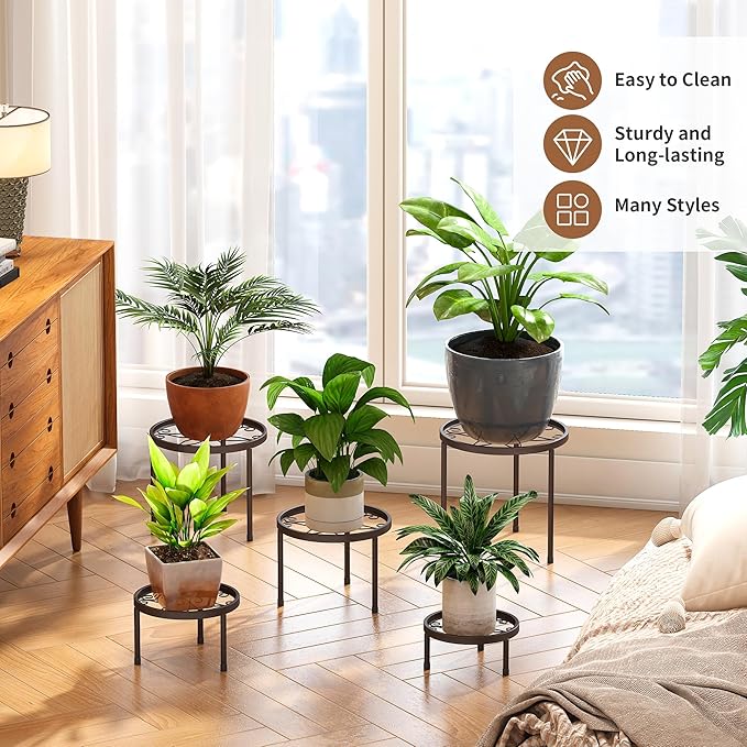 Plant Stand Indoor Outdoor 5 Pack Heavy Duty Metal Stand Multiple Plants, Anti-Rust Iron Flower Pot Stand Decoration Racks Plant Pot Shelf for Living Room Garden Balcony (Brown)