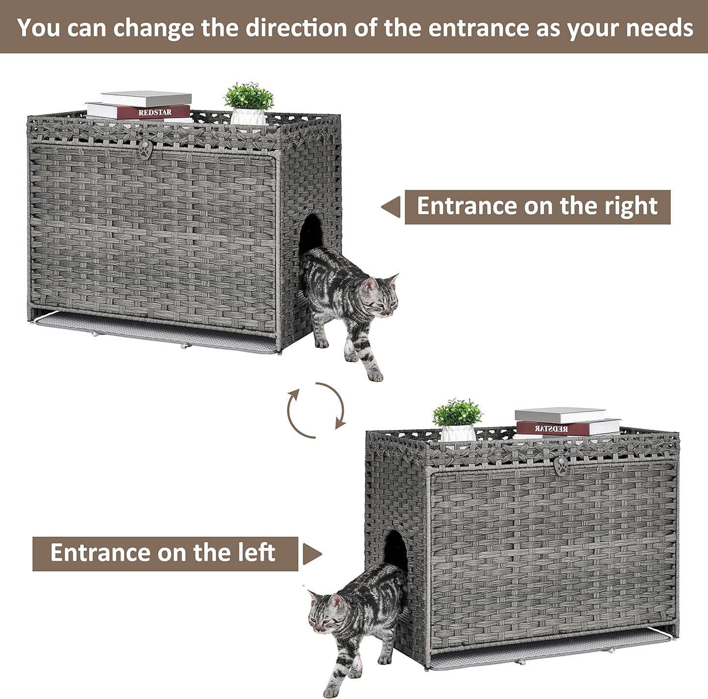 Cat Litter Box Enclosure with Soft Litter Mat; Hidden Kitten Washroom Furniture with Door; Handwoven Rattan Cat House with Large Space; Pet Crate for Living Room, Bedroom, Balcony (Grey)