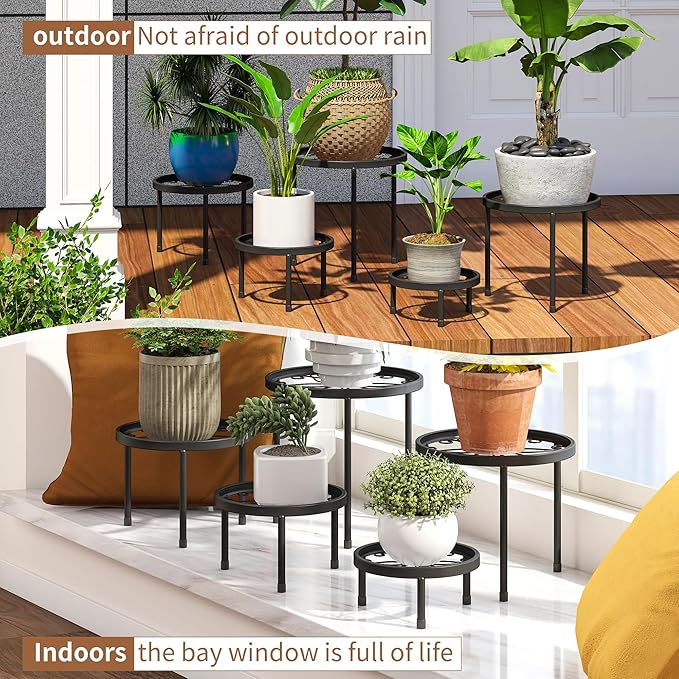 Plant Stand Indoor Outdoor 5 Pack Heavy Duty Metal Stand Multiple Plants, Anti-Rust Iron Flower Pot Stand Decoration Racks Plant Pot Shelf for Living Room Garden Balcony (Black)