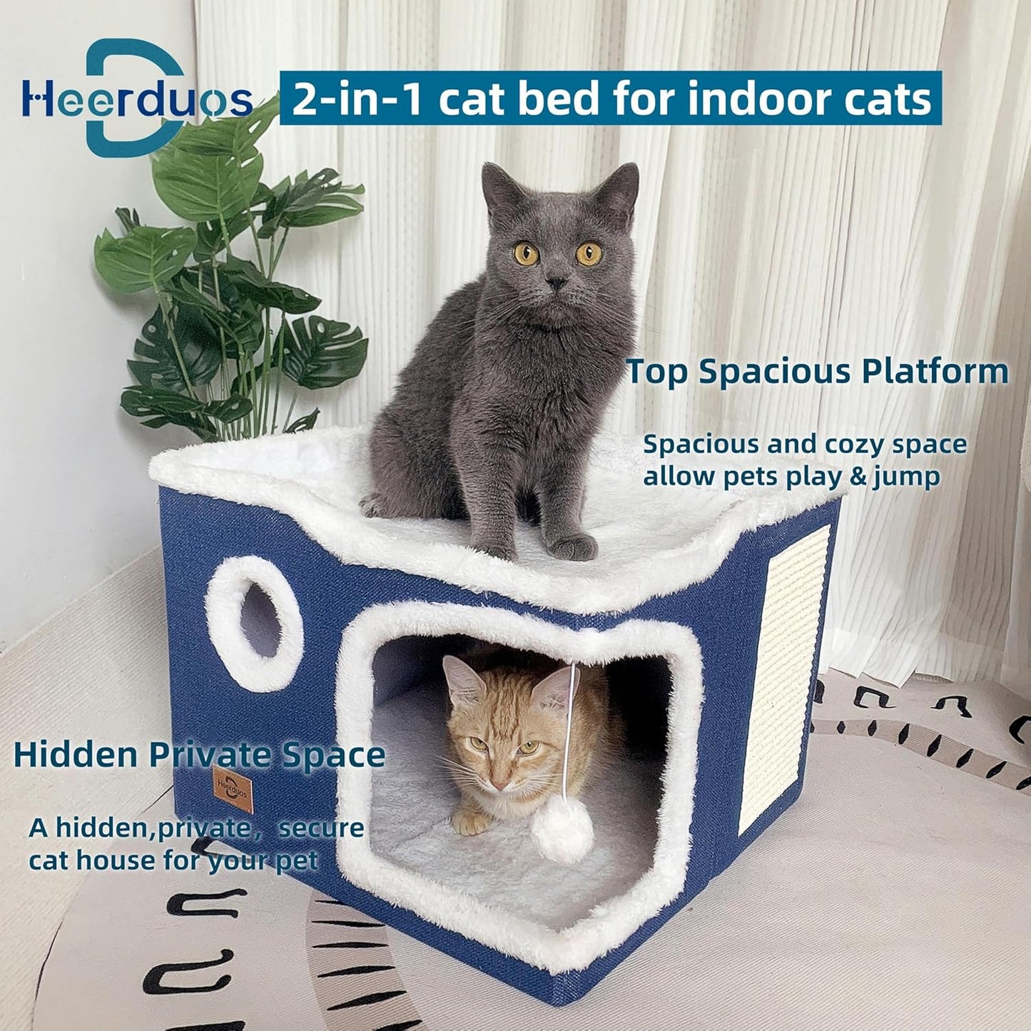 Cat Bed for Indoor Cats,Covered Cat Cave House & Furniture with Scratch Pad,Foldable Cat Hideaway Hut Cute Cat Condo with Soft Washable Mat for Multi Small Pet Under 30 lbs Navy Blue