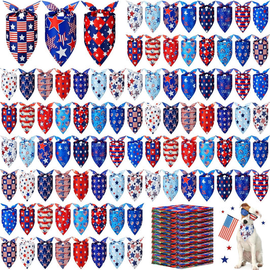 200 Pcs Patriotic Dog Bandanas Bulk Veterans Day Bandanas for Dogs American Flag Star Pattern Triangle Kerchief Bibs Scarf Set for Pet Party Costume Photo Props Accessories Pet Shops