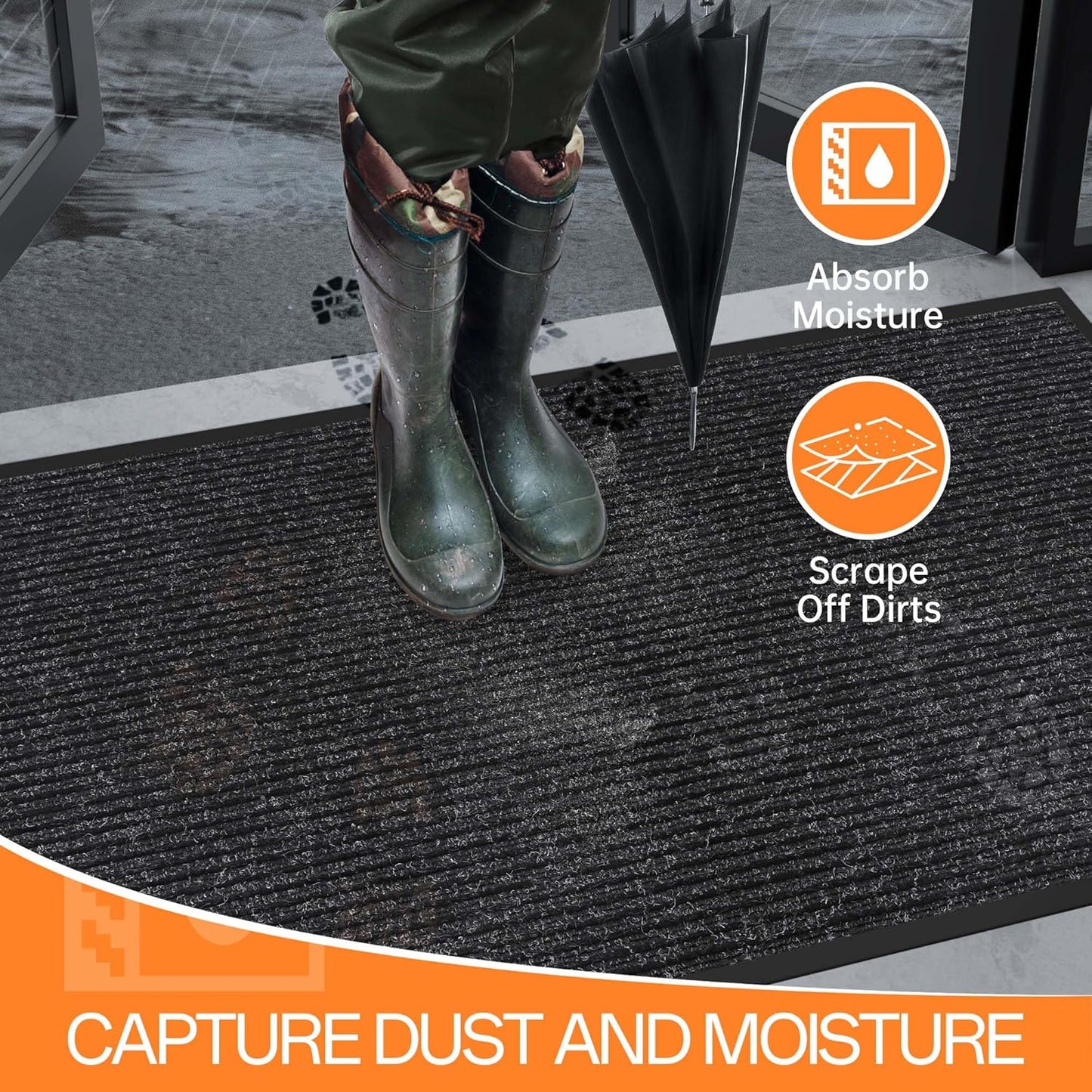 Indoor Outdoor Door Mat, 6' x 3' Doormat for Entryway, Rubber Backing Non Slip Front Door Mat Outside Entrance, Super Absorbent Commercial Floor Mat for Home Office, Black