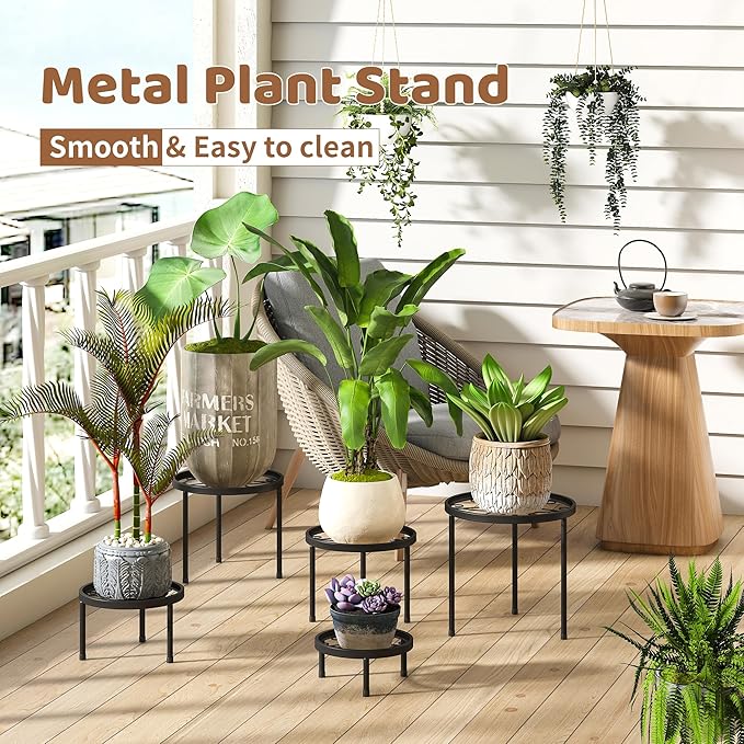Plant Stand Indoor Outdoor 5 Pack Heavy Duty Metal Stand Multiple Plants, Anti-Rust Iron Flower Pot Stand Decoration Racks Plant Pot Shelf for Living Room Garden Balcony (Black)